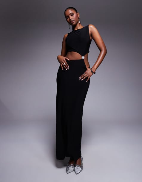 ASOS DESIGN - Maxi jurk van gladde stof met uitsnijding, parelafwerking en zijsplit in zwart - view 1