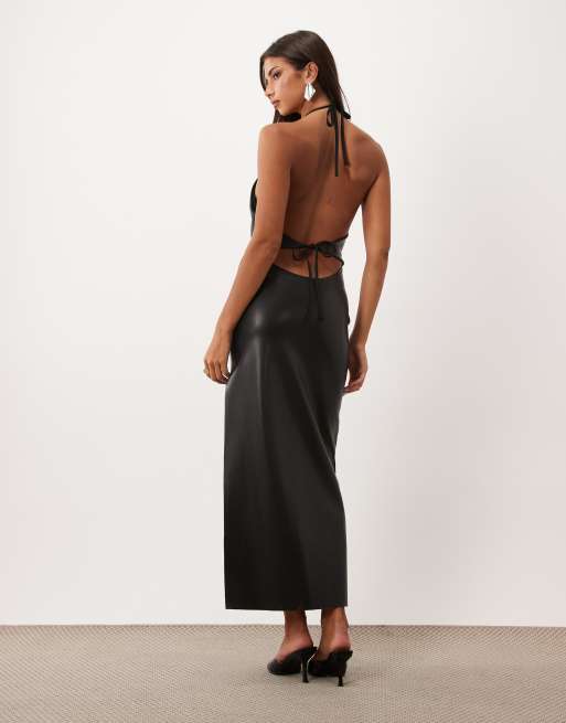 ASOS DESIGN maxi jurk van imitatieleer met diepe decolleté in zwart, 3 van 4