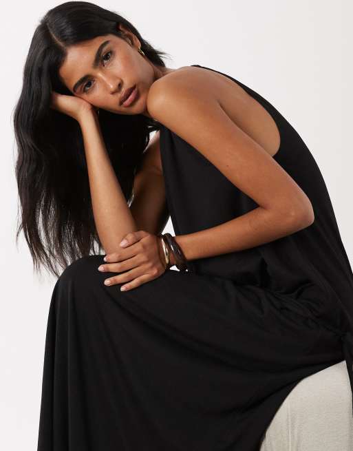 ASOS DESIGN - Maxi jurk van jersey met overslag en sjaaldetail in zwart, 3 van 4