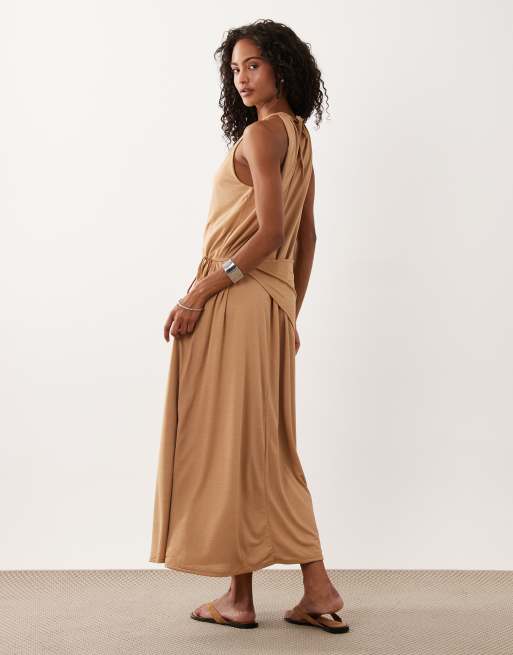 ASOS DESIGN - Maxi jurk van jersey met textuur en overslag met sjaaldetail in stone, 4 van 4