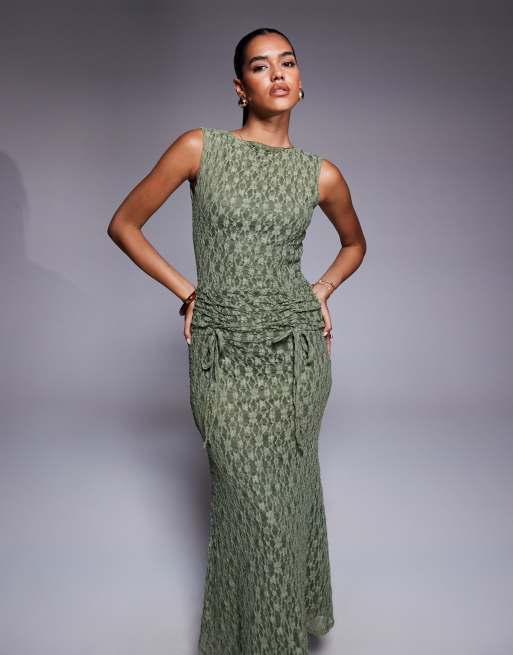ASOS DESIGN - Maxi jurk van kant met gerimpelde tailleband in groen, 2 van 4