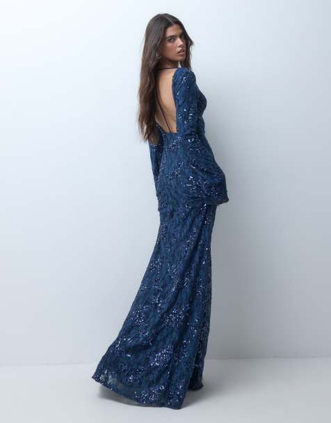 ASOS DESIGN maxi-jurk van kant met lovertjes, asymmetrische hals en open rug met banddetail in navy - view 1
