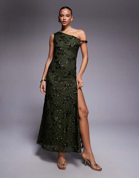 ASOS DESIGN - Maxi-jurk van kant met lovertjes, gedraaide bandjes op blote schouders en vetersluiting op de rug in groen - view 1