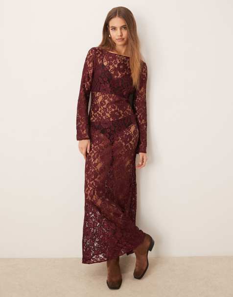 ASOS DESIGN - Maxi jurk van kant met uitlopende mouwen in bordeauxrood - view 1