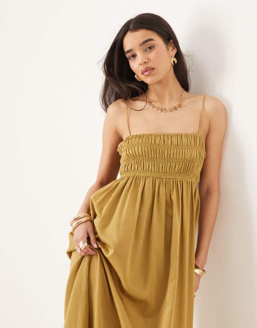 ASOS DESIGN - Maxi-jurk van katoen satinet met gesmokte buste in geelgroen, 2 van 4