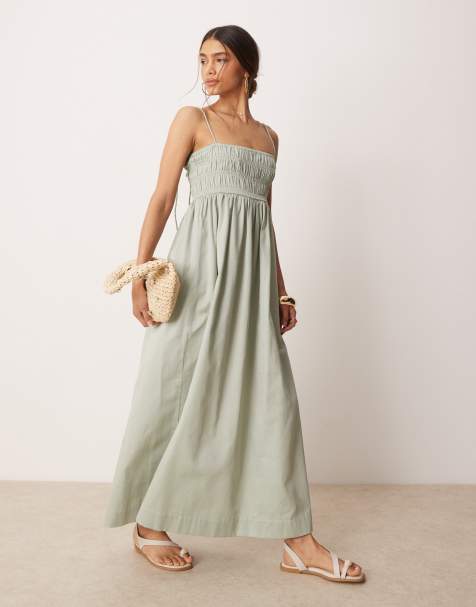 ASOS DESIGN - Maxi-jurk van katoen satinet met gesmokte buste in saliegroen - view 1