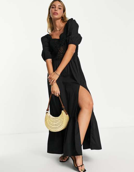 ASOS DESIGN - Maxi-jurk van katoenen poplin met gehaakte inzetstukken in zwart