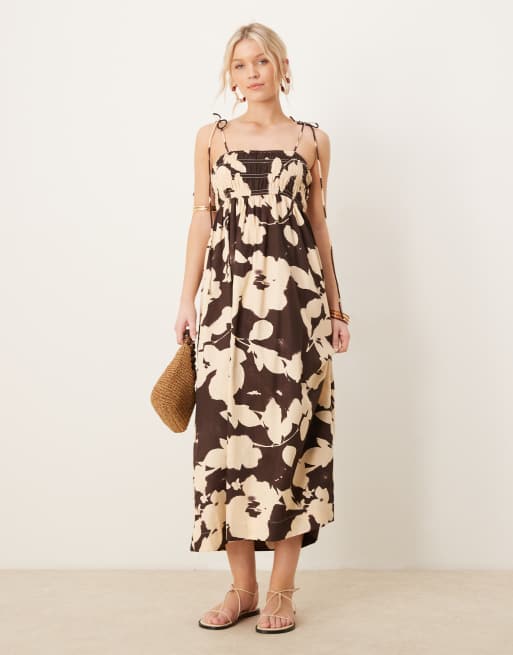 ASOS DESIGN - Maxi-jurk van katoensatijn met gesmokte buste in bloemenprint , 2 van 4