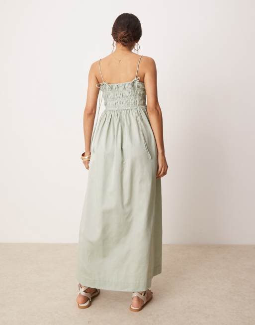 ASOS DESIGN - Maxi-jurk van katoensatijn met gesmokte buste in saliegroen , 4 van 4