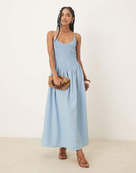 ASOS DESIGN - Maxi jurk van kreukelstof met lage ronde hals en kruisbandjes op de rug in staalblauw - view 1