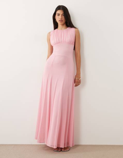 ASOS DESIGN - Maxi jurk van mesh met aangerimpeld detail in babyroze - view 1