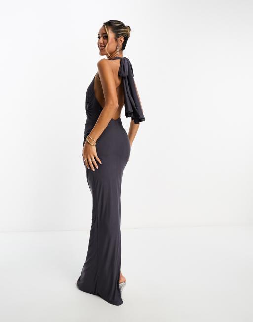 ASOS DESIGN - Maxi jurk van mesh met achter gestrikte halternek en gedraaide buste in antracietgrijs, 2 van 4