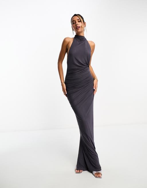 ASOS DESIGN - Maxi jurk van mesh met achter gestrikte halternek en gedraaide buste in antracietgrijs, 4 van 4