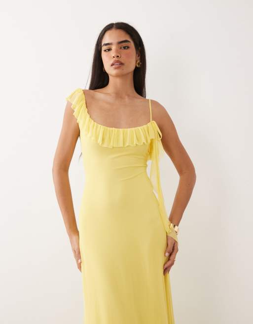 ASOS DESIGN - Maxi jurk van mesh met asymmetrische ruches en strik in citroengeel, 3 van 4