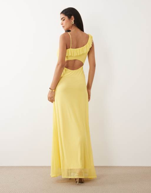 ASOS DESIGN - Maxi jurk van mesh met asymmetrische ruches en strik in citroengeel, 4 van 4