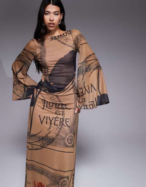 ASOS DESIGN - Maxi-jurk van mesh met bloemenprint, lange mouwen en gedrapeerde achterkant, 4 van 4