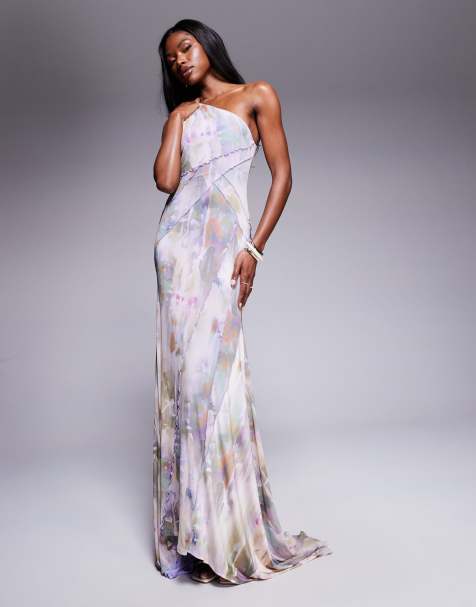 ASOS DESIGN - Maxi-jurk van mesh met blote schouder, onbedekte naden en volle zoom in vage lila bloemenprint - view 1
