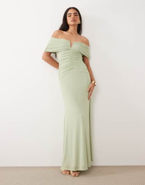 ASOS DESIGN - Maxi jurk van mesh met blote schouders en cape in saliegroen - view 1