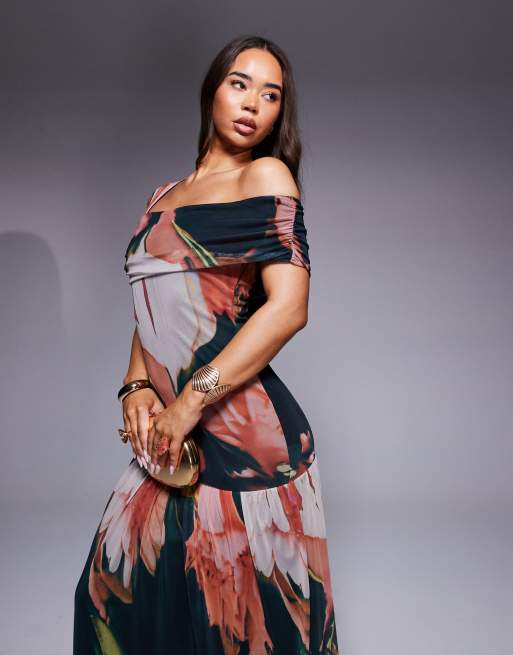 ASOS DESIGN - Maxi jurk van mesh met blote schouders en print, 2 van 4