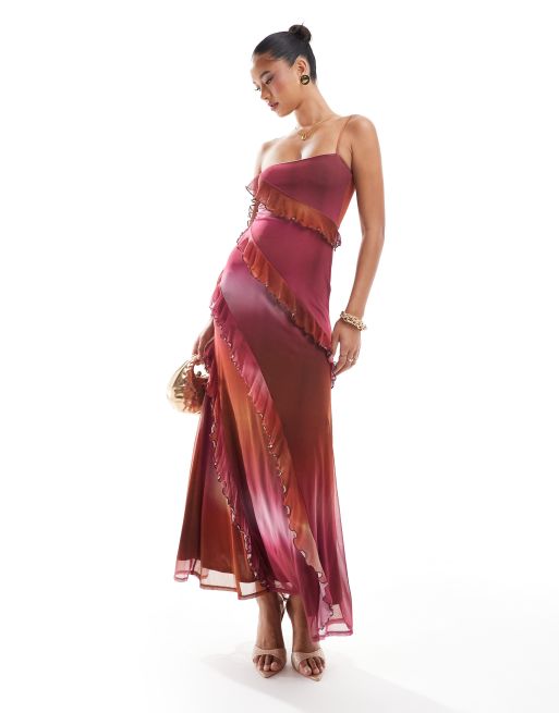 ASOS DESIGN - Maxi jurk van mesh met blote schouders, ruches en print in roze met kleurverloop