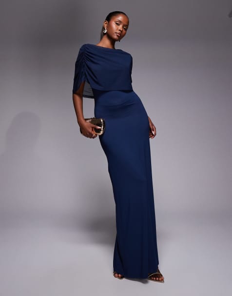 ASOS DESIGN - Maxi-jurk van mesh met capedetail in marineblauw - view 1