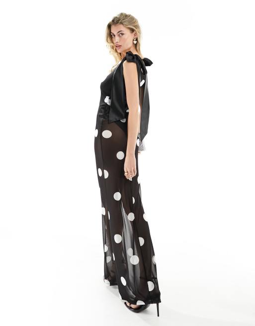 ASOS DESIGN - Maxi jurk van mesh met contrasterende satijnen strikbanden en stippenprint, 3 van 4