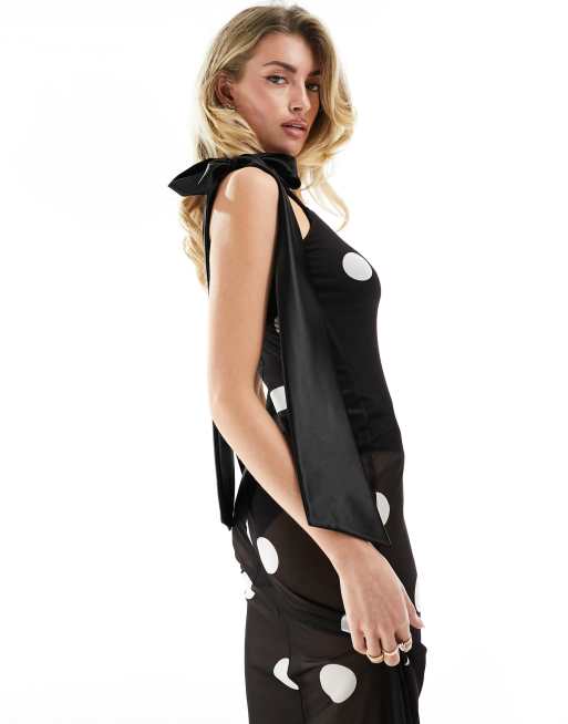 ASOS DESIGN - Maxi jurk van mesh met contrasterende satijnen strikbanden en stippenprint, 4 van 4