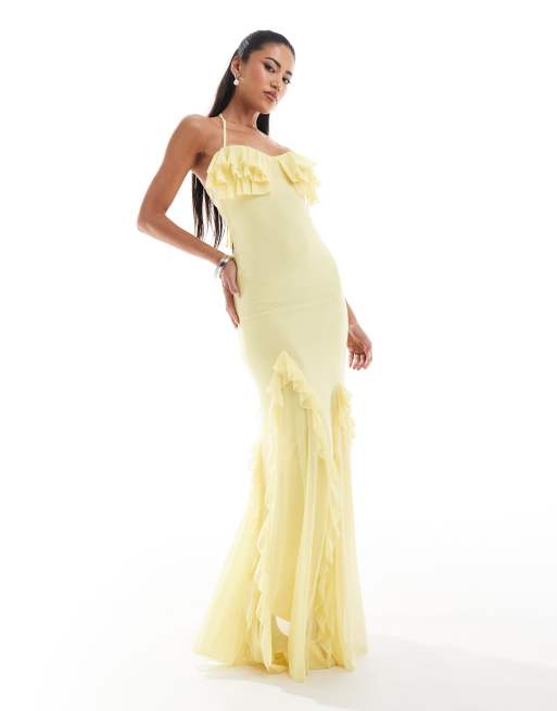 ASOS DESIGN - Maxi-jurk van mesh met cups, ruches en godetplooien in pastelgeel