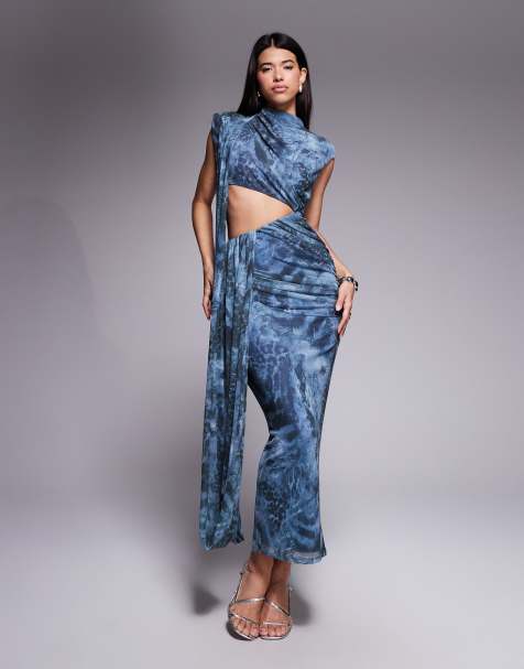 ASOS DESIGN - Maxi-jurk van mesh met drapering, uitsnijding en gebloemde dierenprint - view 1