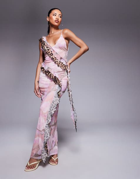 ASOS DESIGN - Maxi jurk van mesh met dunne bandjes, ruches en bloemen- en dierenprint - view 1