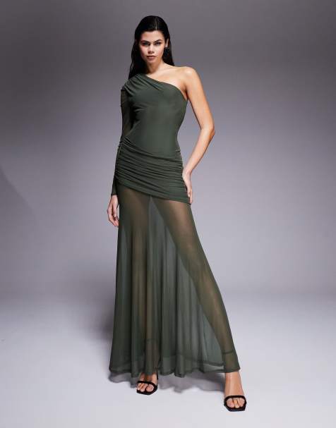 ASOS DESIGN - Maxi-jurk van mesh met enkele mouw, rimpeldetail en volle rok in groen - view 1