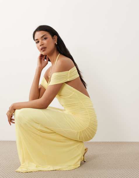 ASOS DESIGN - Maxi jurk van mesh met fishtail en blote schouders en gerimpelde laag in citroengeel - view 1
