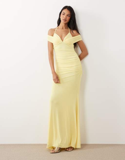 ASOS DESIGN - Maxi jurk van mesh met fishtail en blote schouders en gerimpelde laag in citroengeel, 2 van 4