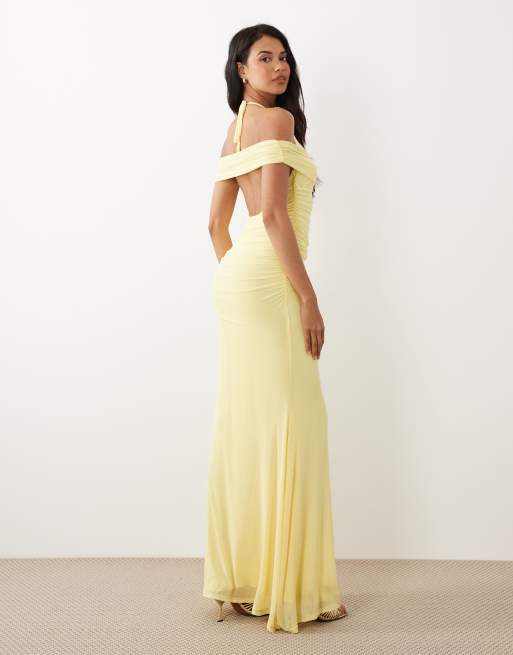 ASOS DESIGN - Maxi jurk van mesh met fishtail en blote schouders en gerimpelde laag in citroengeel, 4 van 4