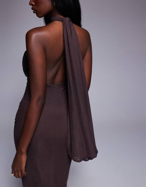 ASOS DESIGN - Maxi-jurk van mesh met gedraaid detail bij de buste en gestrikte hals in chocoladebruin , 3 van 4