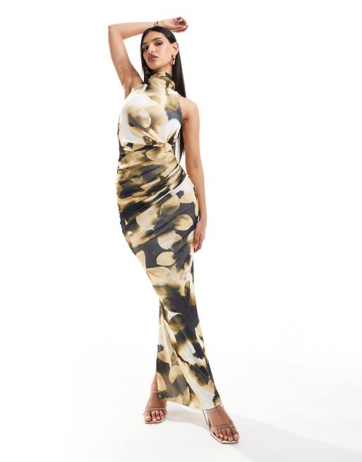 ASOS DESIGN - Maxi jurk van mesh met gedraaide buste en halternek met gestrikte achterkant in donkergele bloemenprint