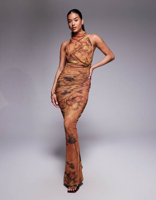 ASOS DESIGN - Maxi jurk van mesh met gedraaide buste, halternek met strik aan de achterkant en bloemenprint in gebrand oranje 