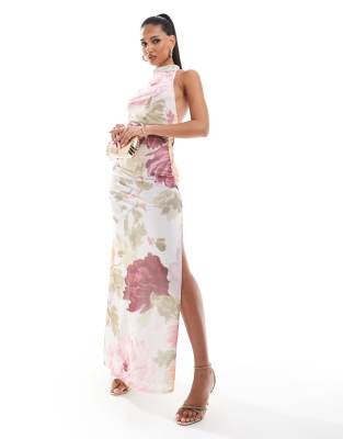 ASOS DESIGN - Maxi jurk van mesh met gedraaide halternek, gestrikte hals aan de achterkant en zijsplit in vintage bloemenprint