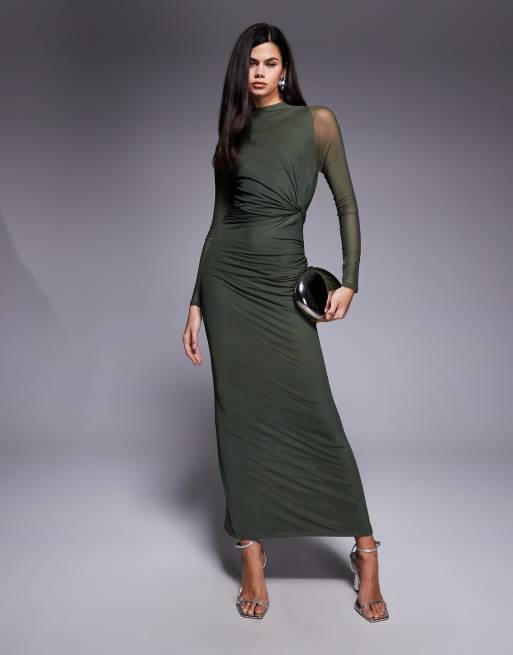 ASOS DESIGN - Maxi jurk van mesh met gestrikte halternek en gedraaide buste in groen , 4 van 4
