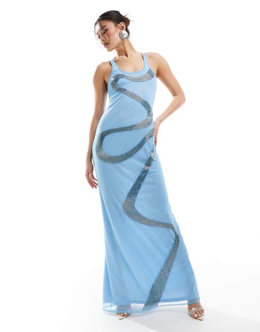 ASOS DESIGN - Maxi jurk van mesh met golvende versiering in lichtblauw
