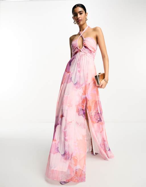 ASOS DESIGN - Maxi jurk van mesh met halternek en chanelling in roze en paarse vlekkenprint