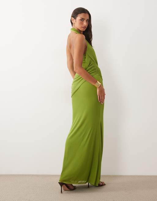 ASOS DESIGN - Maxi jurk van mesh met halternek en gedrapeerde sjerp in limoengroen, 2 van 4