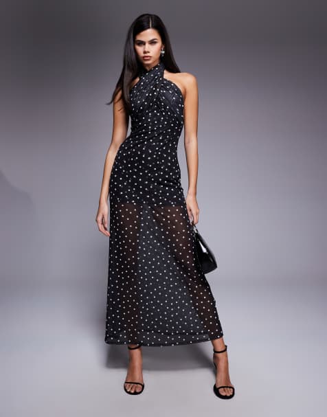 ASOS DESIGN - Maxi-jurk van mesh met halternek, gekruist detail en doorschijnende rok in stippenprint - view 1