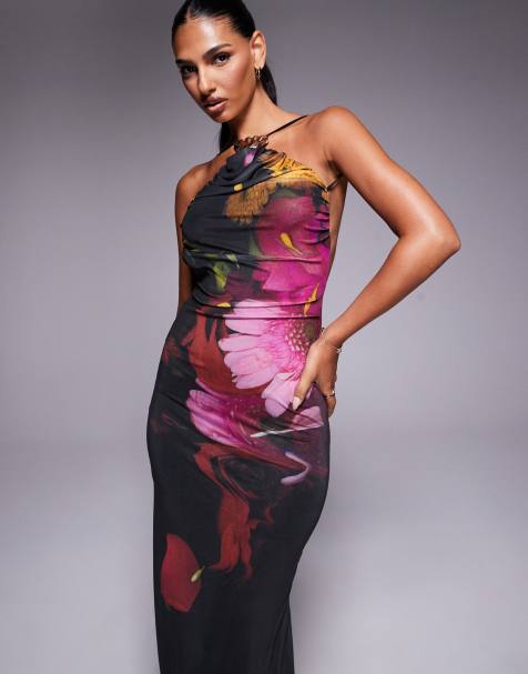 ASOS DESIGN - Maxi jurk van mesh met halternek met bandje op de rug en randje in bloemenprint - view 1