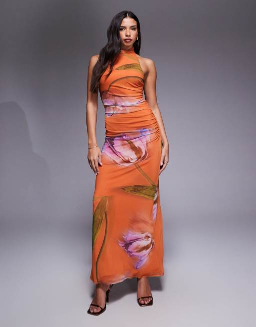 ASOS DESIGN - Maxi-jurk van mesh met hoge halternek in oranje bloemenprint, 2 van 4