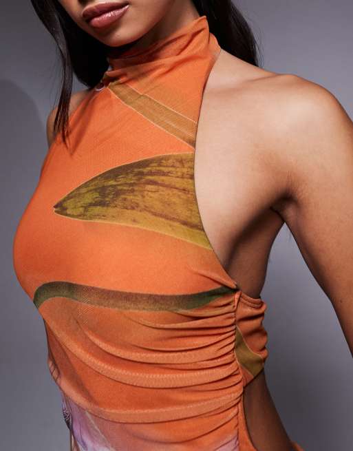 ASOS DESIGN - Maxi-jurk van mesh met hoge halternek in oranje bloemenprint, 3 van 4
