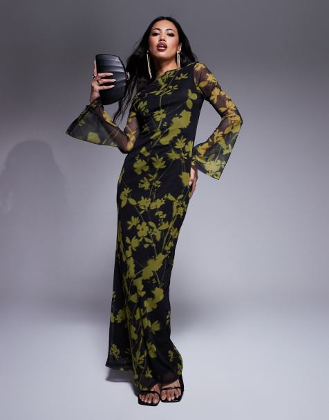 ASOS DESIGN - Maxi-jurk van mesh met lage rug, uitlopende mouwen en bloemenprint in groen en zwart - view 1