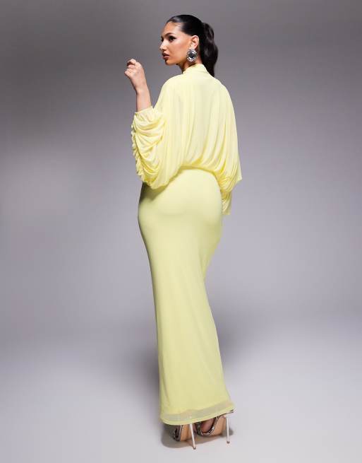 ASOS DESIGN - Maxi jurk van mesh met lange blousonmouwen en gerimpelde rok in citroengeel, 3 van 4