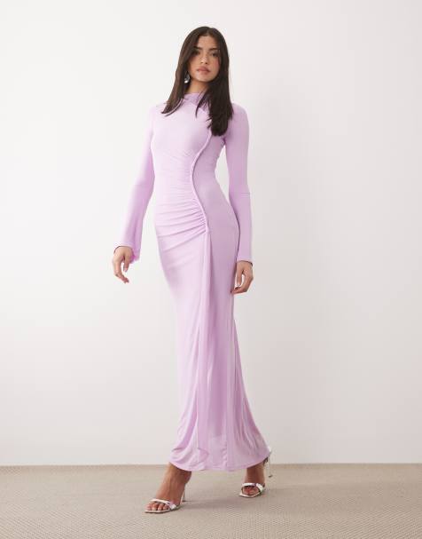 ASOS DESIGN - Maxi jurk van mesh met lange mouwen en gedraaid detail in lila - view 1