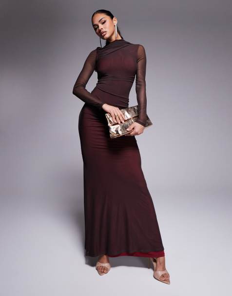 ASOS DESIGN - Maxi-jurk van mesh met lange mouwen en rimpeleffect en contrasterende voering in bruin - view 1